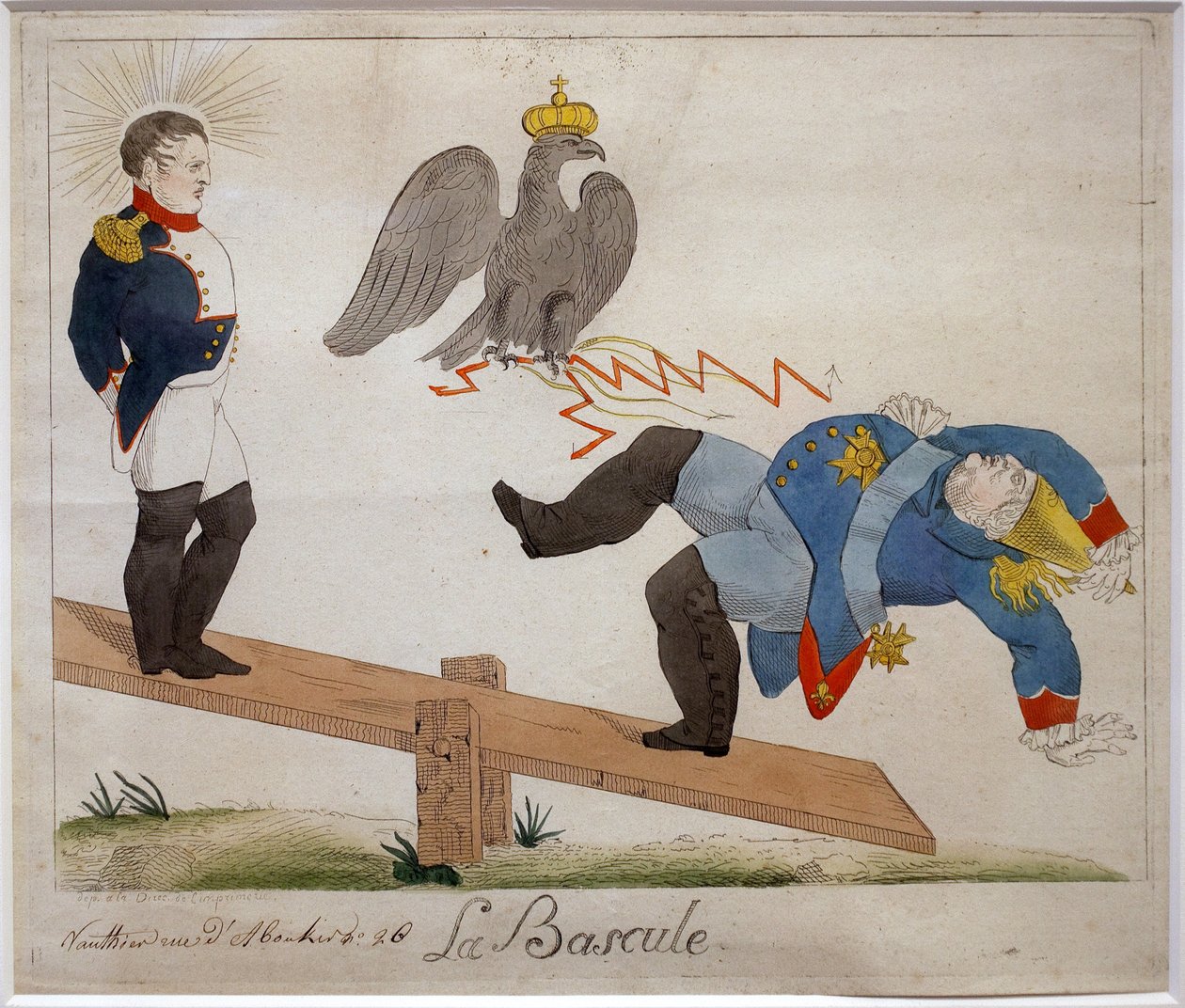Skiftet. Portræt af Napoleon Bonaparte (1769-1821) stående på et gyngebræt og ser sin fjende falde, sprængt af en ørnekrone. Tegneserie. Eau forte, begyndelsen af det 19. århundrede, Frankrig. Napoleons museum, Antibes. af French School