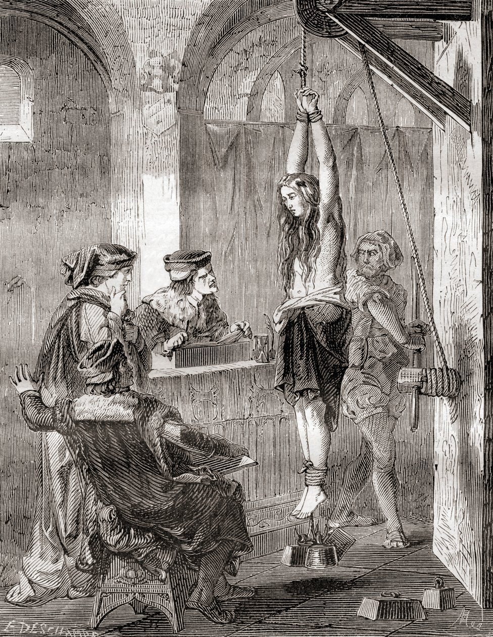 Torturen af en kvinde anklaget for hekseri i middelalderen, fra Les Merveilles de la Science, udgivet ca. 1870 (litho) af French School
