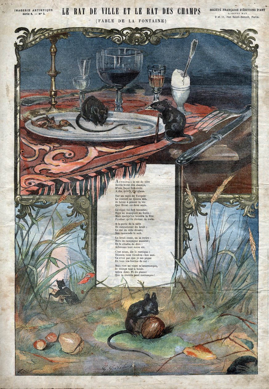 Byrotten og markrotten. Fabler af Jean de La Fontaine (1621-95).Illustration af slutningen af det 19. århundrede. af French School