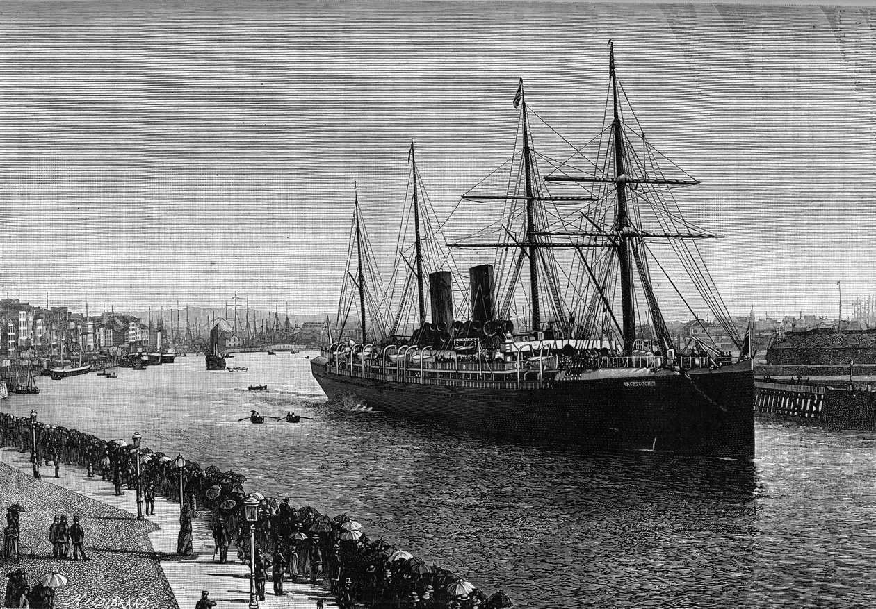Det transatlantiske linjeskib "" La Gascogne"" i havnen i Le Havre i 1887. Indgravering i den berømte journal "" La jeunesse"" af French School
