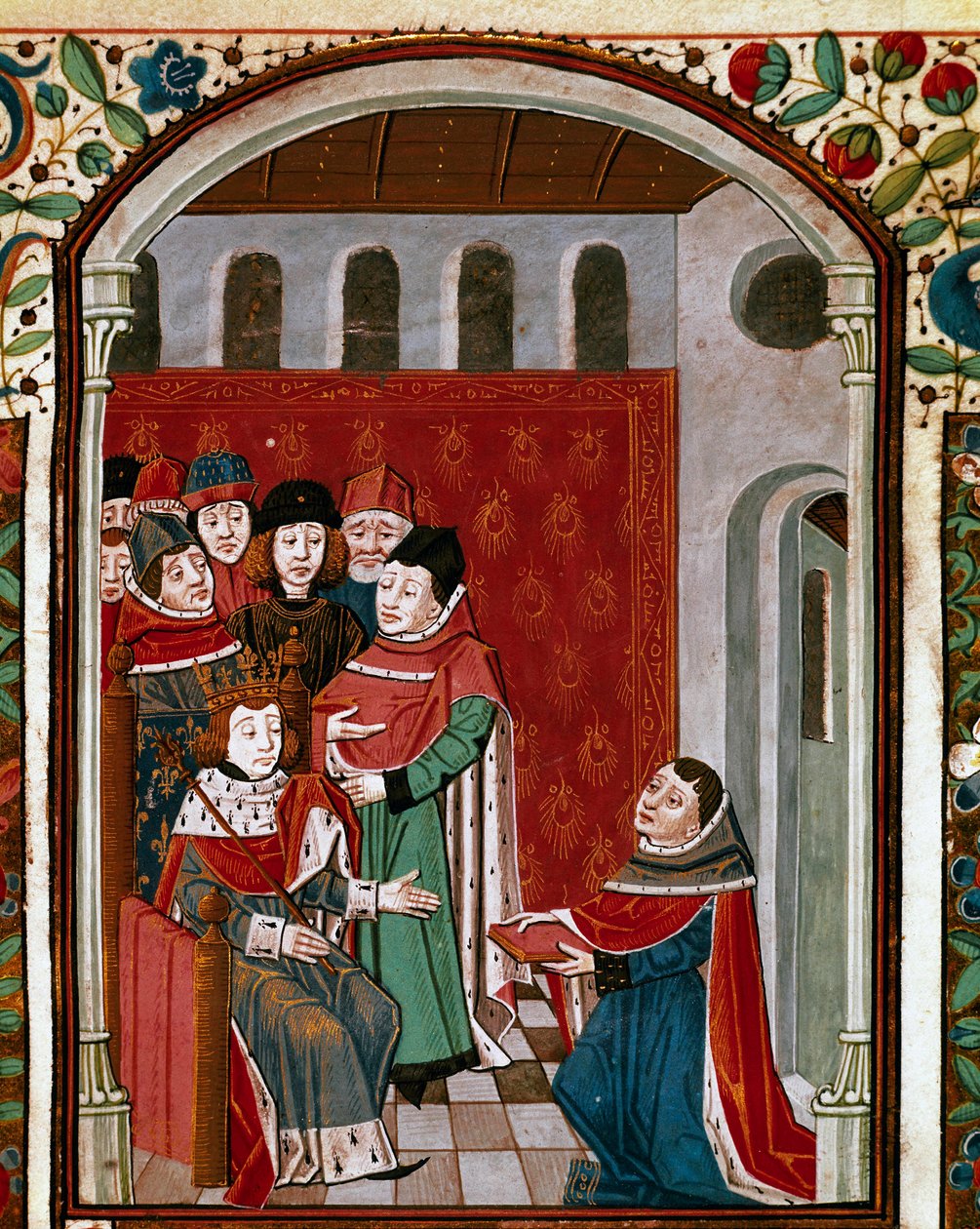 Oversætteren John de Meung (eller Clopinel eller Chopinel) (1240-1305) donerer sit værk til kong Filip IV den smukke (1268-1314). Miniature taget fra "" De Consolatione Philosophiae"" af den latinske filosof Boece (Boetius) (475-520), oversat af Jean d. af French School