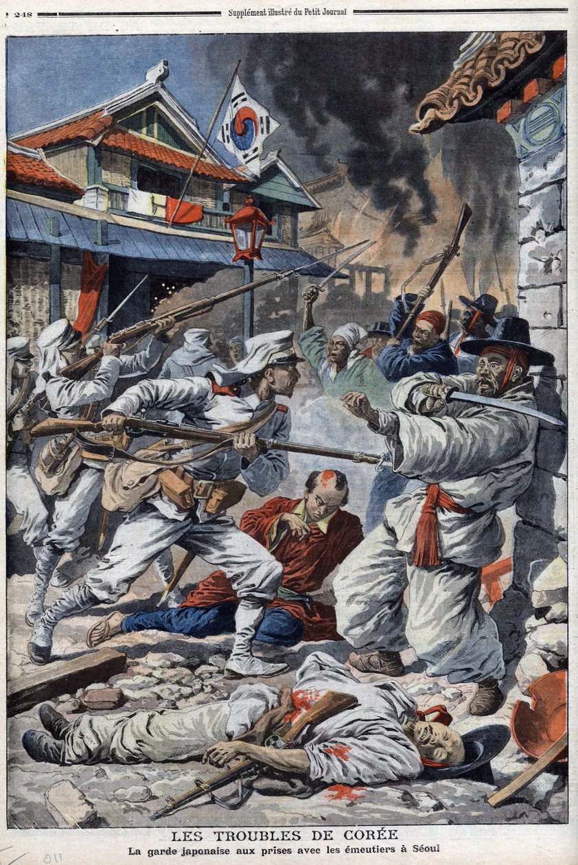 Koreas problemer, den japanske vagt, der kæmper med emeutierne i Seoul, med tilfredshed med abdikationen af Yi-Yeung - "Le Petit Journal" den 4. august af French School
