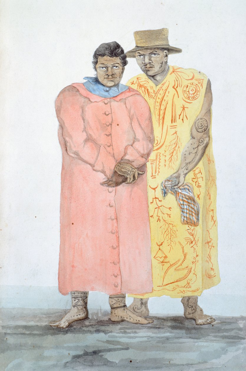 De to konger af Bora Bora, Illustration fra Louis I Duperreys rejse, af LF Lejeune, akvarelmaleri af French School