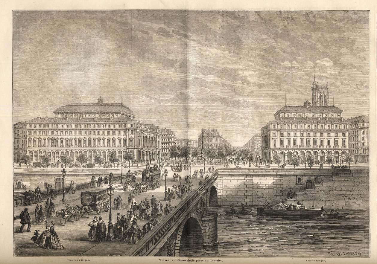 De to nye teatre på Place du Chatelet i Paris i 1862 - Udgravering fra 