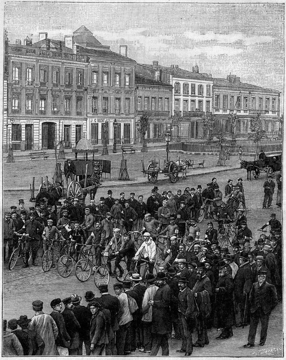 Velocipederne ræser fra Bordeaux til Paris: Velocipedisterne afgår fra Bordeaux den 23. maj 1891 kl. 05.00. Indgravering i "" La Nature. Revue des sciences et de ses applications aux arts et a l