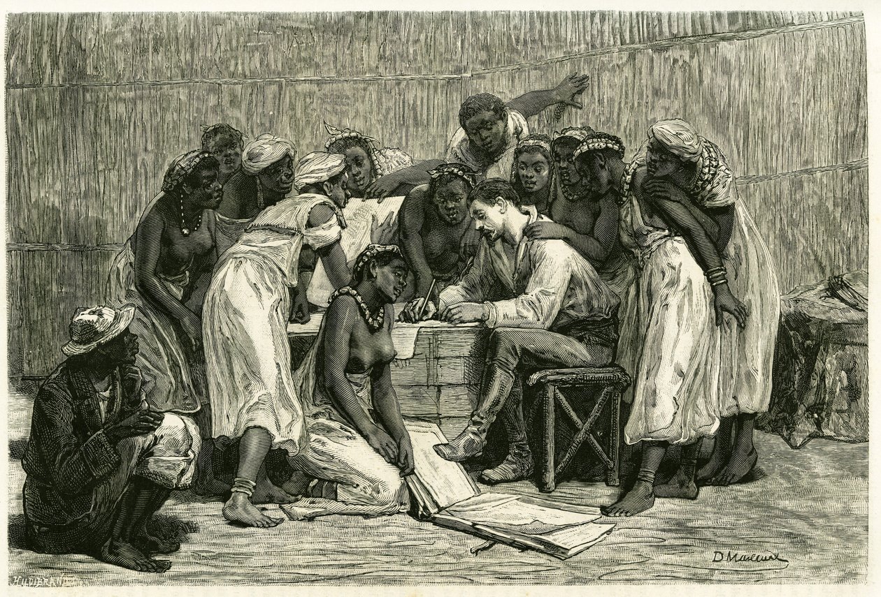Besøget af dronningerne, kong Sepopos seksten koner, i Dr. Holubs æske. Gravering af D.Maillard, for at illustrere historien "Au pays des Marutses"", i 1875-1879, af Dr. Emile Holub (1847-1902). Udgivet i Tour du monde, 2. semester 1883, redigeret af French School