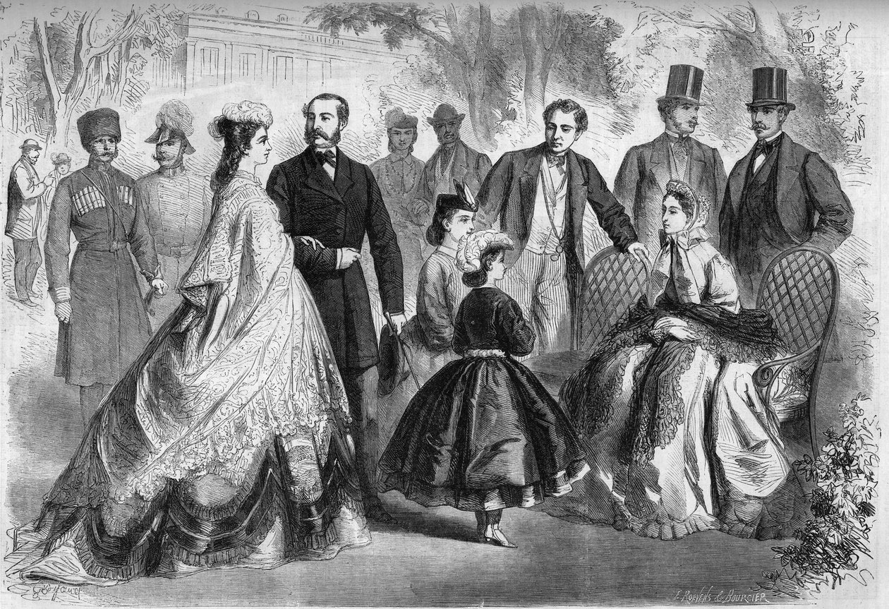 Vandsæsonen i Kissengen, Tyskland, i 1864. Præsenterer fra venstre mod højre: Elisabeth af Wittelsbach (Sissi) (1837-1898) Impress of Austria, Alexander II (1818-1881) Kejser af Rusland, Louis II (1845-1886) ) Konge af Baviere, Maria Alexandrovna (nee Mary af French School