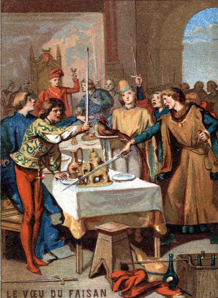 Fasanens ønske (1454): under festen arrangeret af Filip III den Gode, hertugen af Bourgogne, sværger gæsterne på en fasan prydet med en perlehalskæde for at udrydde tyrkeren. Chromolithography of the Series "" Patriotic Education through I af French School