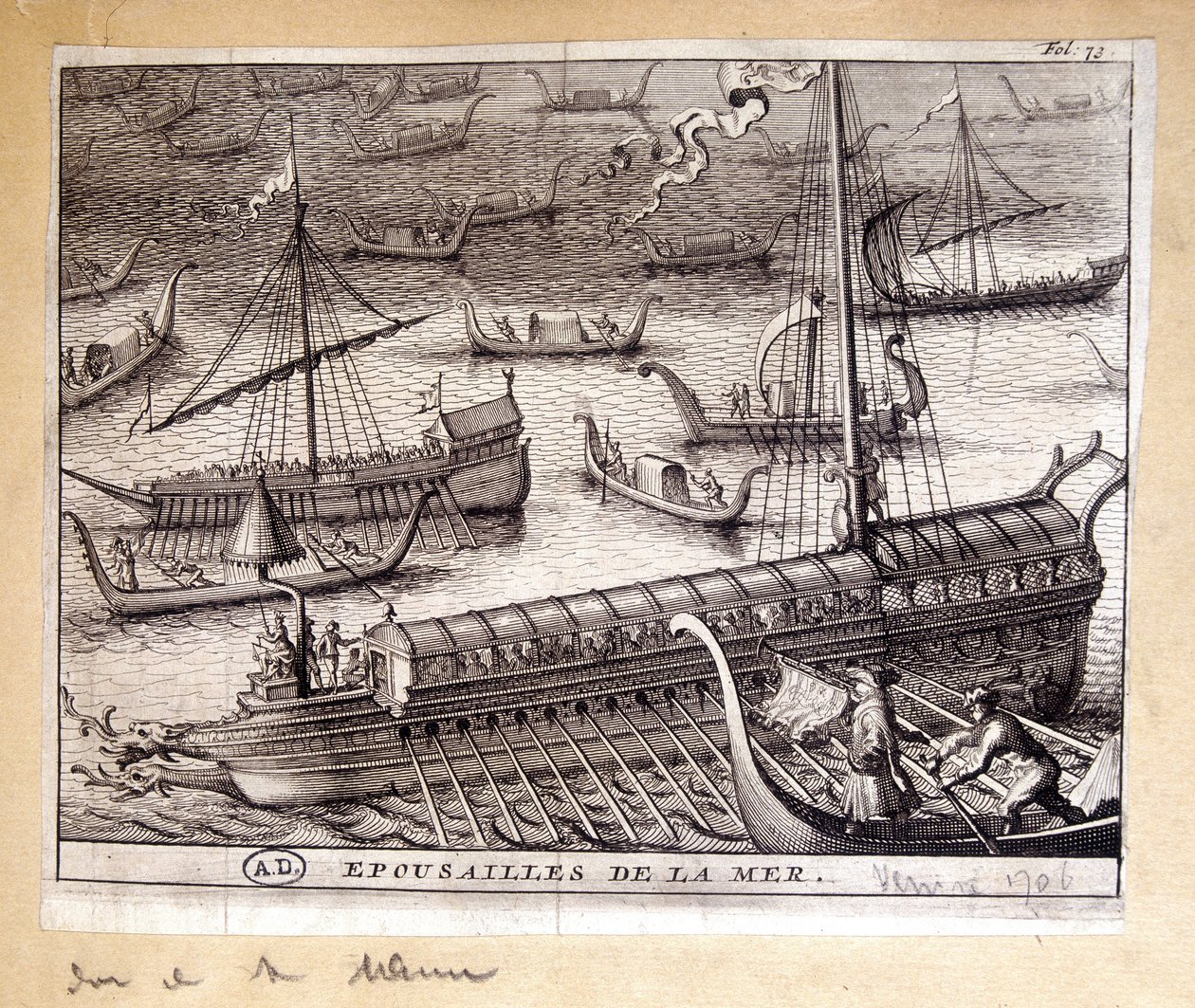 Dogen af Venedigs hustruer med havet i 1706 - gravering af French School