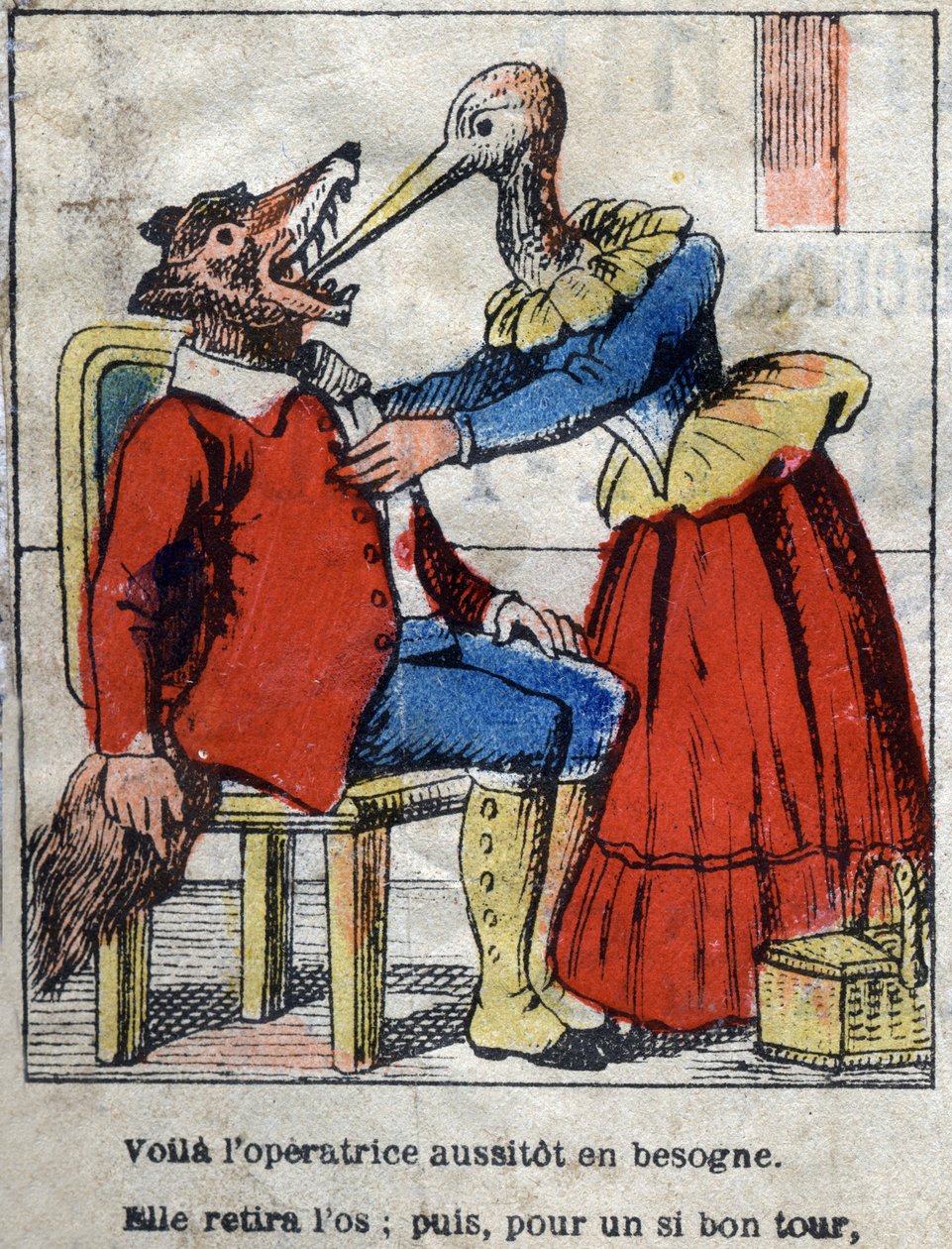 Ulven og storken. Fabler af Jean de La Fontaine (1621-95). Epinal billeddannelse fra slutningen af det 19. århundrede. af French School