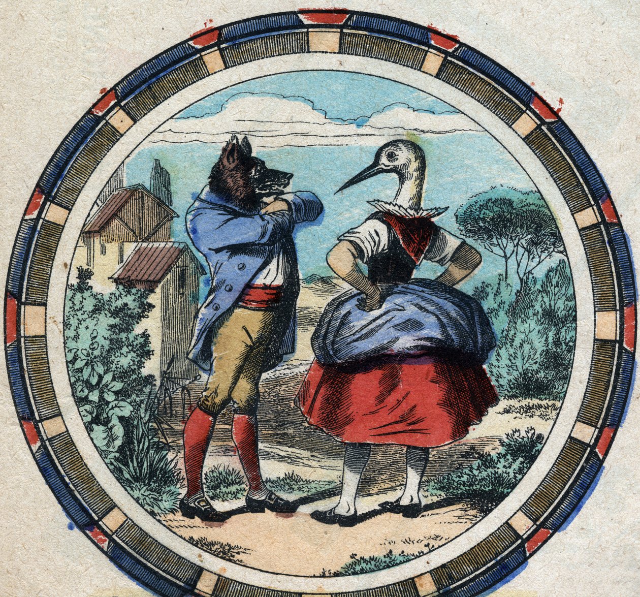 Ulven og storken. Fabler af Jean de La Fontaine (1621-95). Epinal billeddannelse fra slutningen af det 19. århundrede. af French School