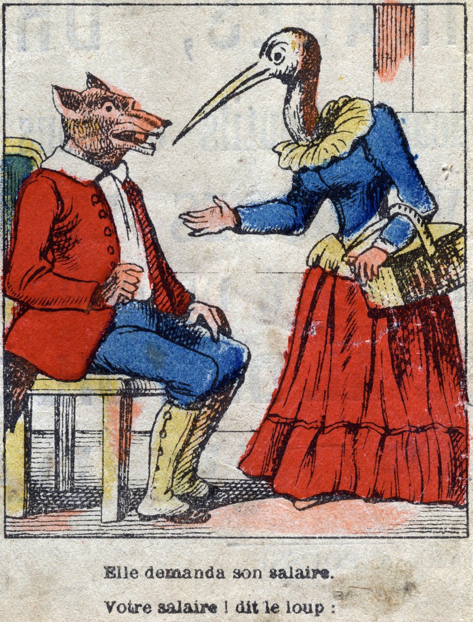 Ulven og storken. Fabler af Jean de La Fontaine (1621-95). Epinal billeddannelse fra slutningen af det 19. århundrede. af French School