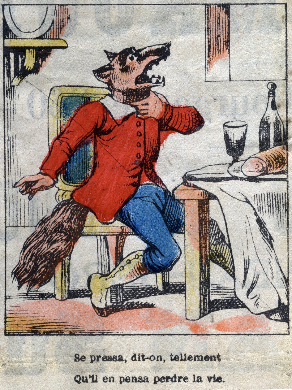 Ulven og storken. Fabler af Jean de La Fontaine (1621-95). Epinal billeddannelse fra slutningen af det 19. århundrede. af French School