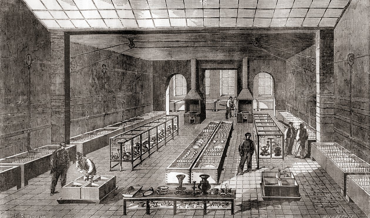 Værkstedet med de kemiske bade i Charles Christofles galvaniseringsanlæg, Paris, Frankrig i 1867, fra Les Merveilles de la Science, udgivet ca. 1870 (gravering) af French School