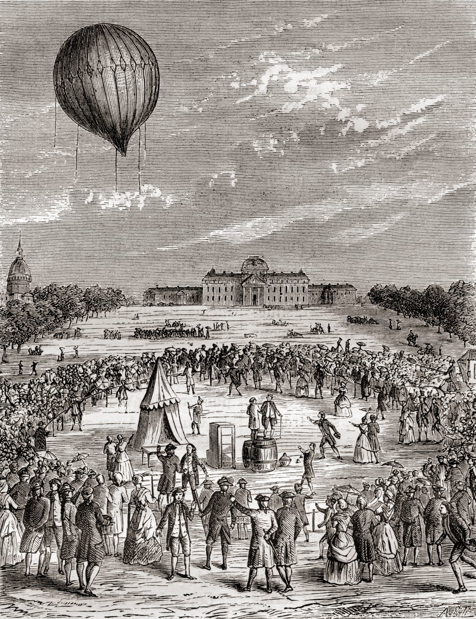 Verdens første brintballon, opsendt over Champs de Mars, Paris, Frankrig i 1783, fra Les Merveilles de la Science, udgivet ca. 1870 (gravering) af French School