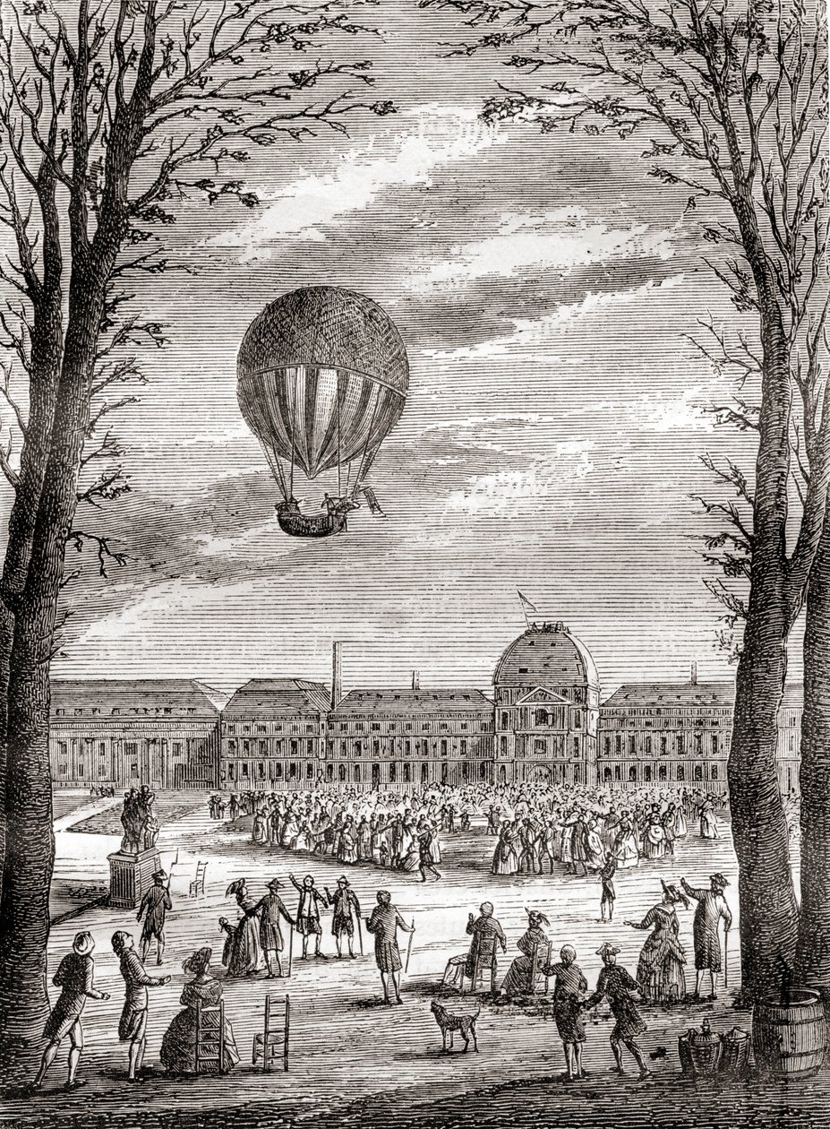 Verdens første bemandede brintballonflyvning over Champs de Mars, Paris, Frankrig den 1. december 1783, styret af Nicolas-Louis Robert og professor Jacques Charles, fra Les Merveilles de la Science, udgivet ca. 1870 (stik) af French School