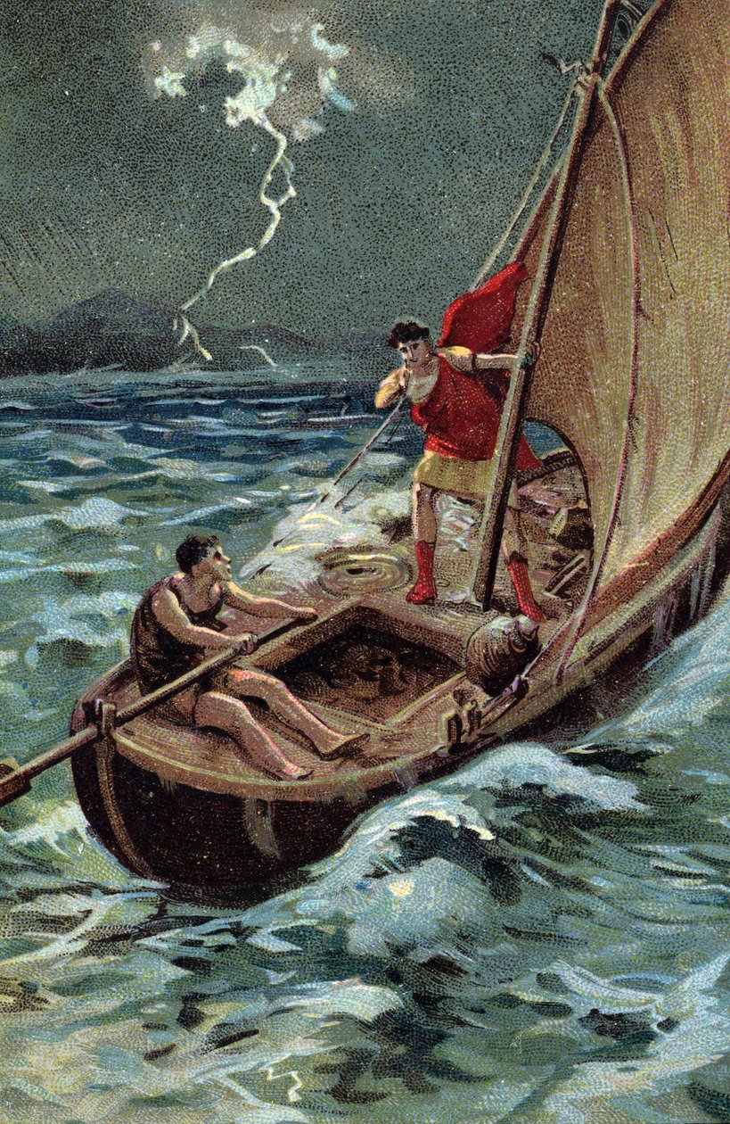 Den unge Jules Cesar (100-44 f.Kr.), der krydser Adriaterhavet for at slutte sig til Dalmatien, rykker modigt frem på trods af stormen, sikker på sin gode stjerne og skæbne (Unge Julius Cæsar (100-44 f.Kr.) krydser modigt Adriaterhavet på sit skib, i på tr af French School