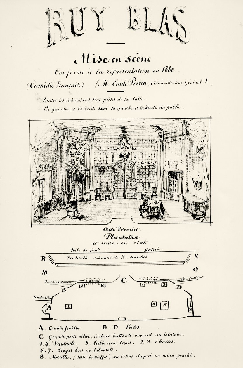 Teaterprogram for 1. akt af Ruy Blas (1838) af Victor Hugo (1802-85), 1880 af French School