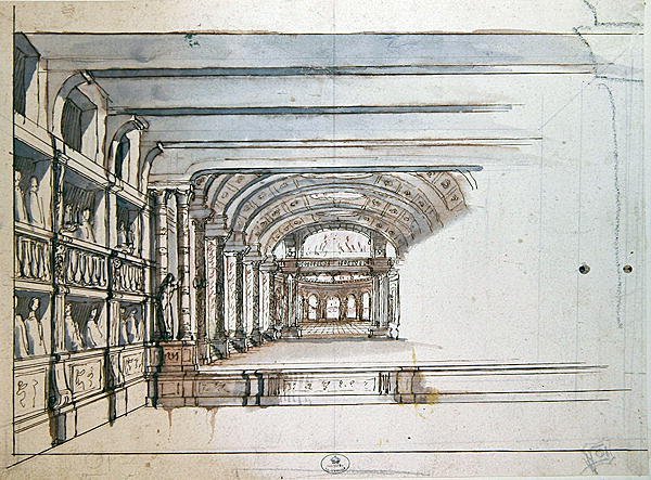 Teaterscene og auditorium med æsker, slutningen af 1600-tallet (pen og blæk & vask på papir) af French School