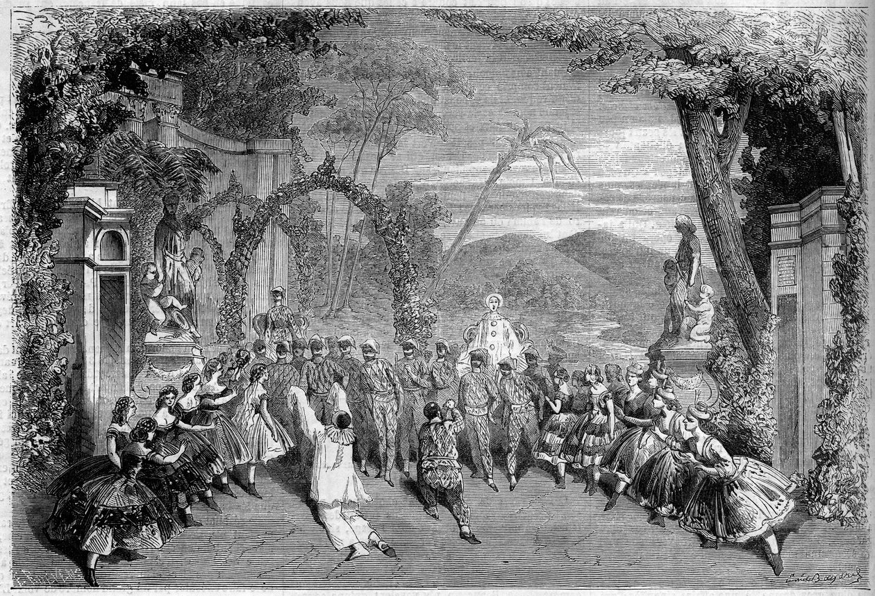 Teaterrepræsentation: Anden akt, sidste scene af "Les Dances nationles de la France" af Lambert Thiboust (1826-1867), Alfred Delacour (1815-1883) og Clairville (1811-1879). Paris, Theatre des Varietes af French School