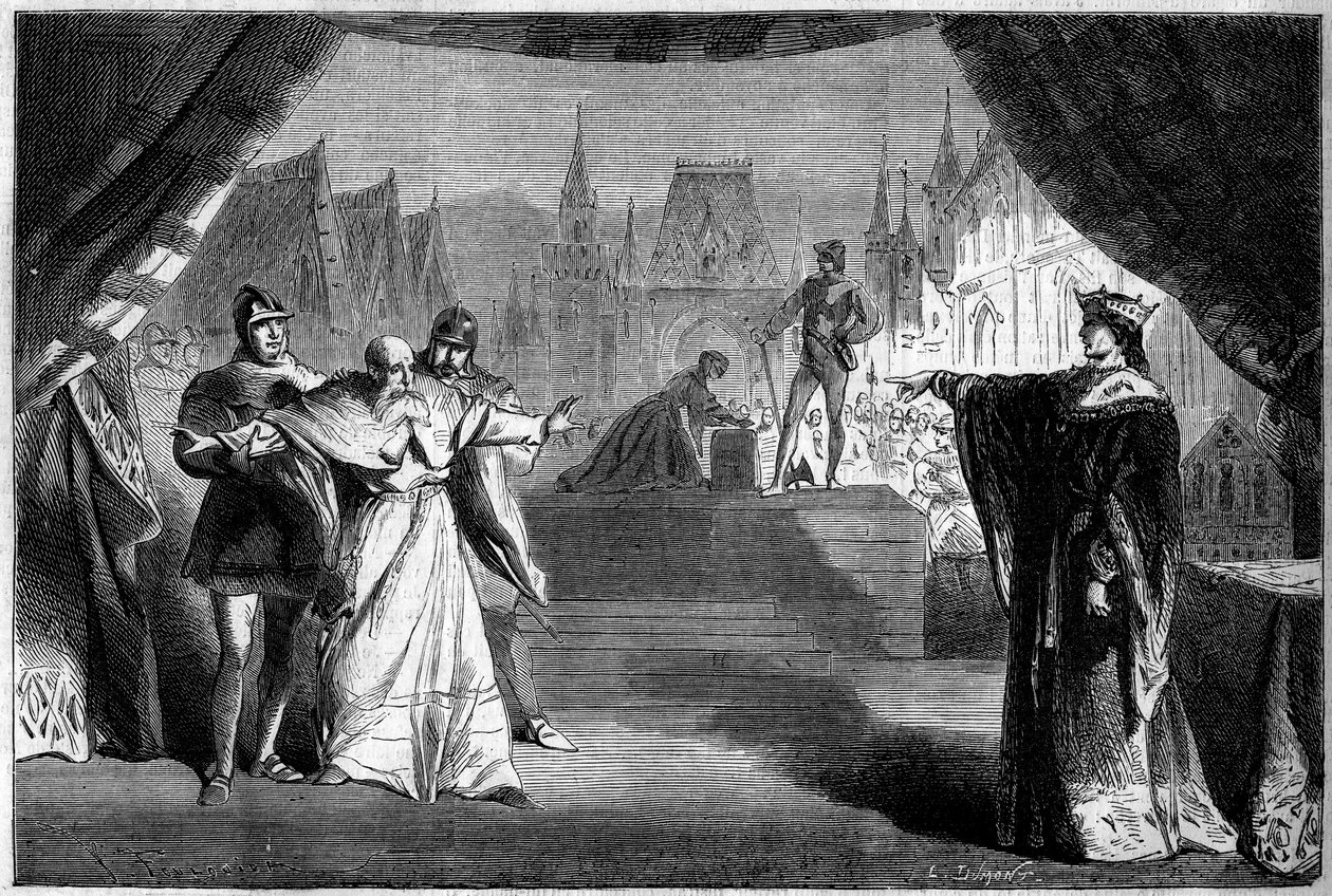 Teaterfremstilling: Anden akts scene syv af "Den franske dommers datter" af Adolphe Carcassonne (1826-1891). Theatre de Marseille af French School