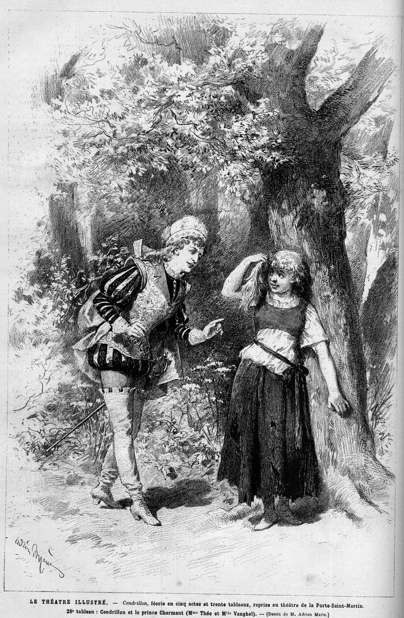 Teaterrepræsentation: Askepot og den charmerende prins opført af Mme Theo og Melle Vanghel til stykket "" Cendrillon"" af Clairville (Louis Francois Nicolaie) af French School