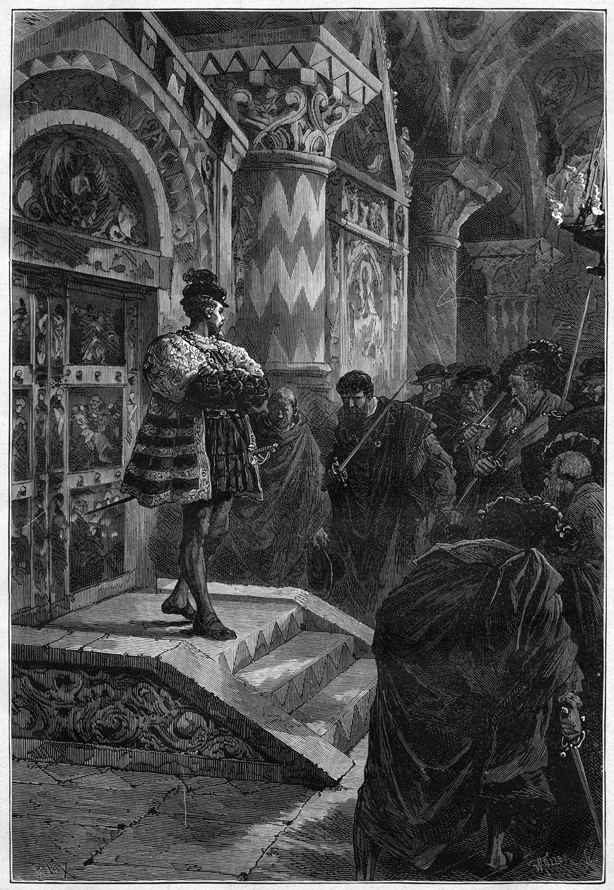 Teaterrepræsentation: "" Hernani"" af Victor Hugo (1802-1885), akt IV scene 4. Paris, Comedie Francaise af French School