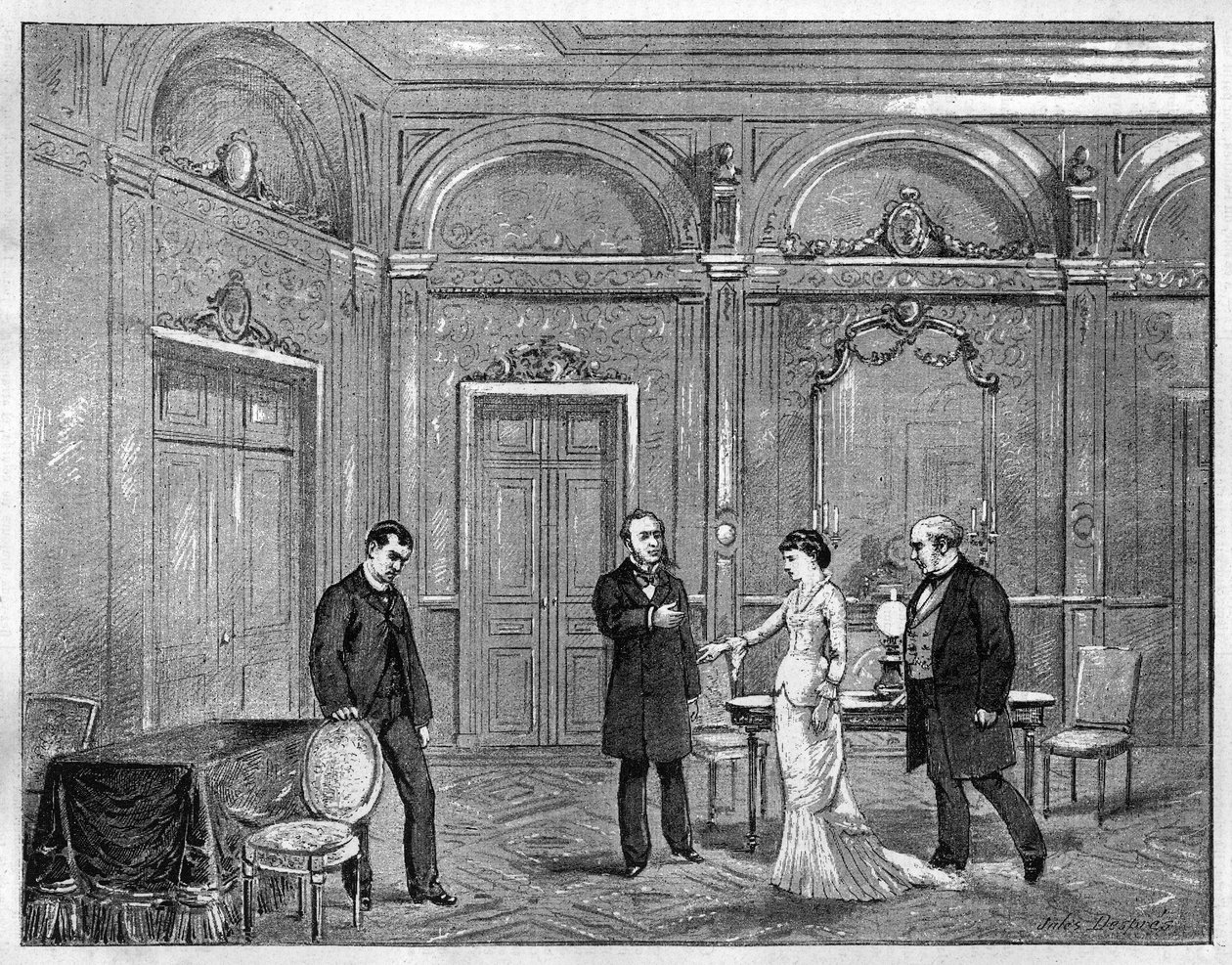 Teaterfremstilling: "" Jean Beaudry"" af Auguste Vacquerie (1819-1895). 4. akt. Paris, Theatre Francais (Comedie Francaise). Indgravering fra 1880 i "The Illustrious Republic"" privatsamling. af French School