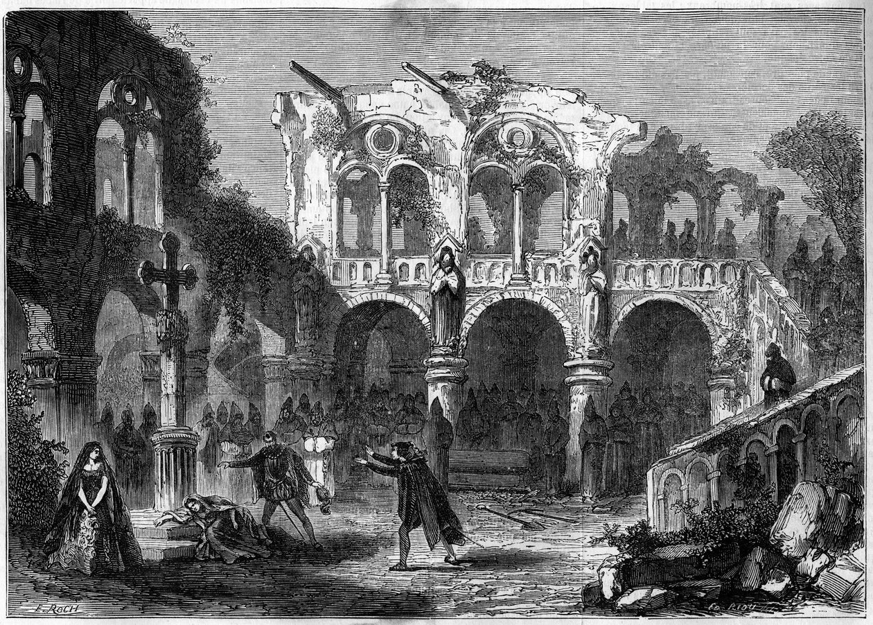 Teaterrepræsentation: "The Funerailles of Honour" (Act VII, sidste scene) af Auguste Vacquerie (1819-1895). Paris, Theatre de la Porte Saint Martin af French School