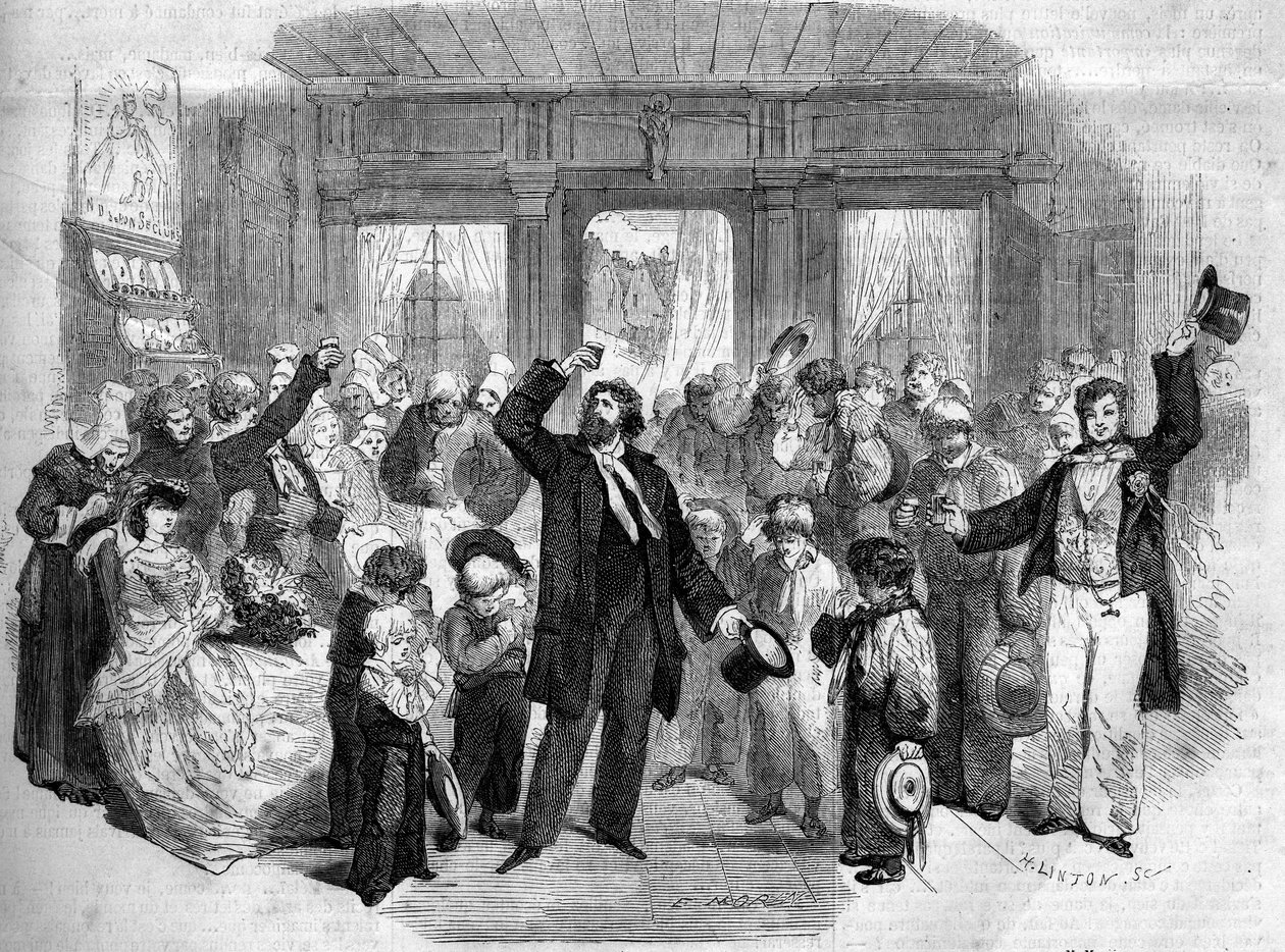 Teaterfremstilling af "La Penelope Normande"" (I. akt) af Alphonse Karr (1808-1890). Blandt komikerne var Mme Alexis, Mme Doche, Lafontaine (Henry Lafontaine af French School