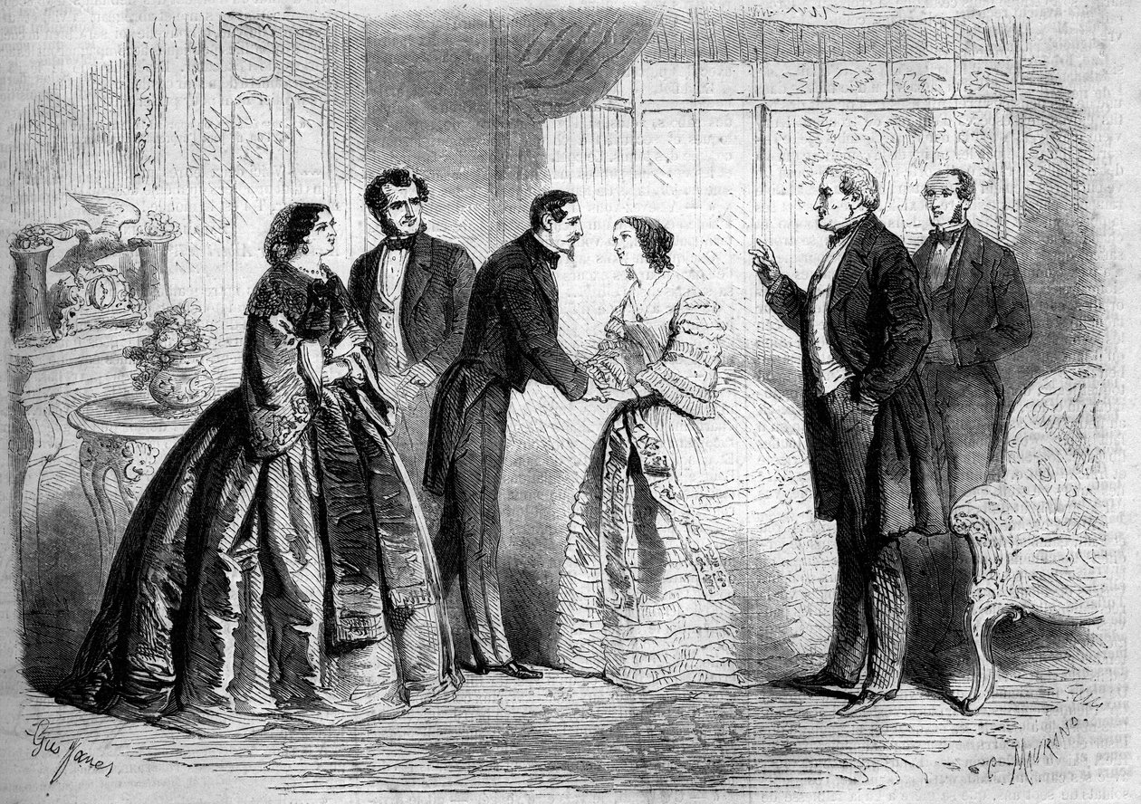 Teatralsk fremstilling af "Duc Job" (Akt IV, sidste scene) af Leon Laya (1811-1872). Paris, Comedie Francaise af French School