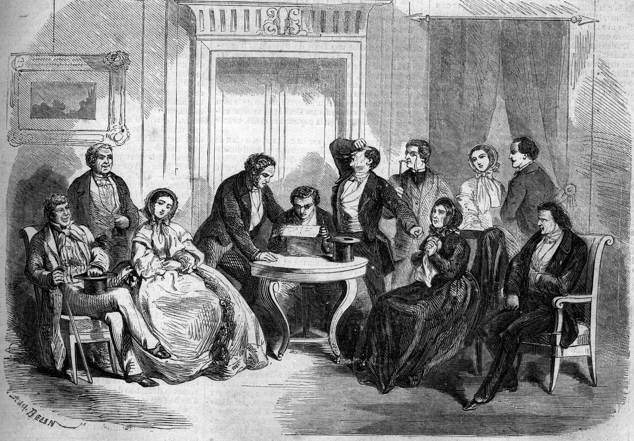 Teatralsk fremstilling af "" Testamente af Cesar Girodot"" (scene for læsningen af testamentet, 1. akt) af Adolphe Belot (1829-1890) og Edmond Villetard. Paris, Theatre Imperial de l