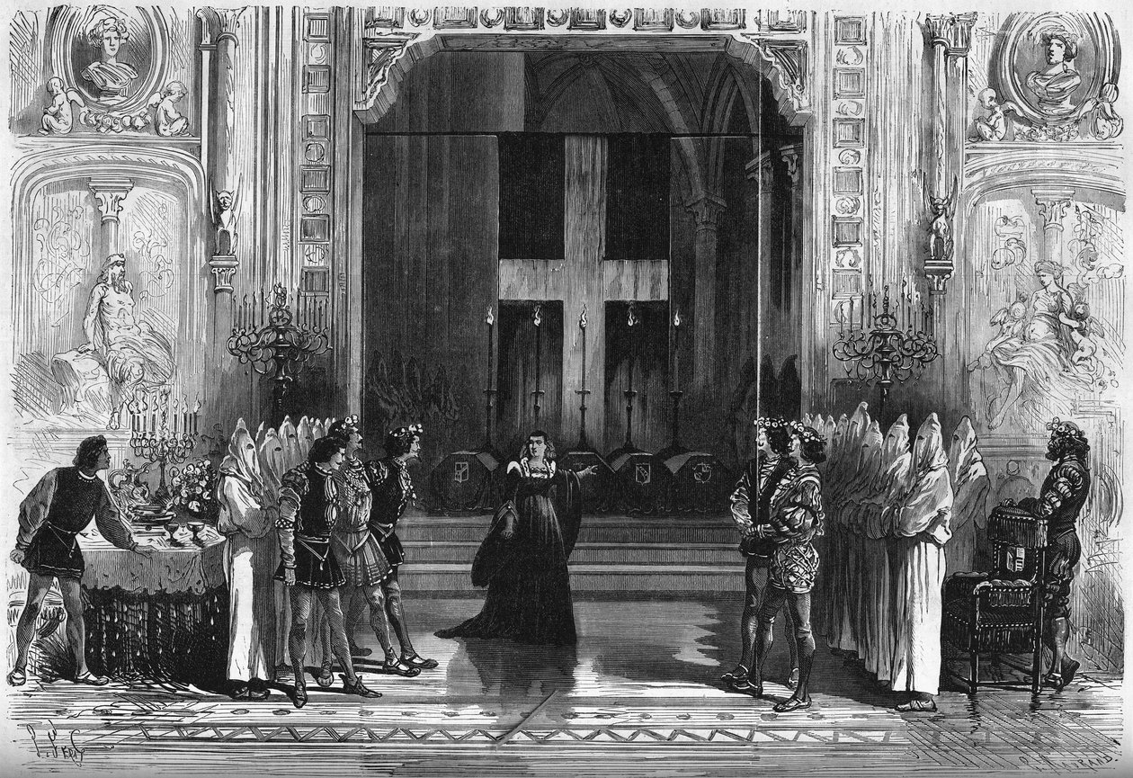 Teaterfremstilling: scene for kisterne i "Lucrece Borgia" af Victor Hugo (1802-1885). Paris, Theatre de la Porte Saint Martin af French School