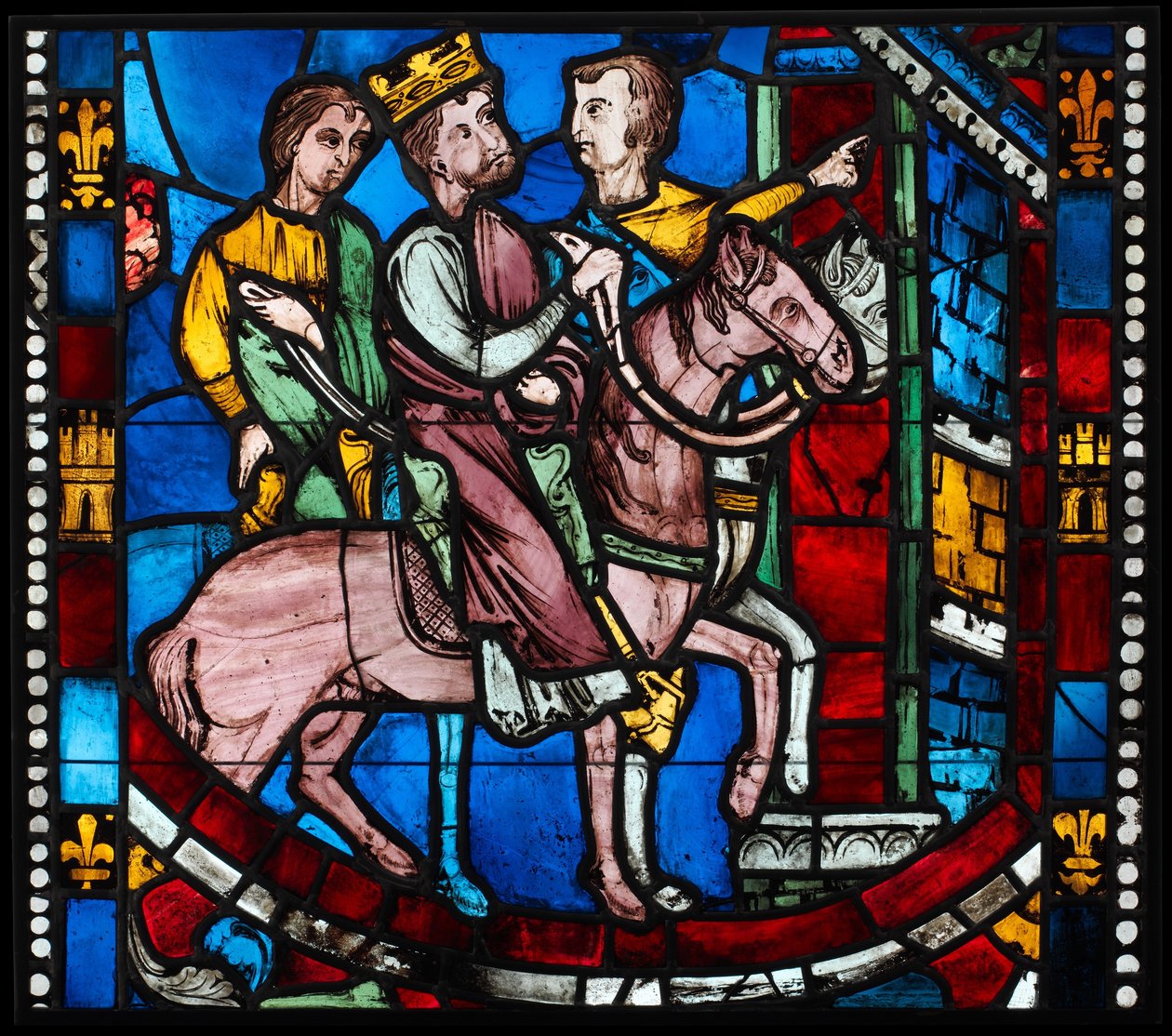 Theodosius ankommer til Efesos, fra en scene fra legenden om de syv sovende i Efesos, ca. 1200–10 (Glademetalglas, glasagtig maling) af French School