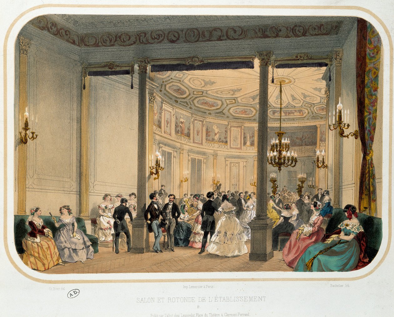 Termalisme: "" Salon og rotunde på et etablissement i Vichy på tidspunktet for en verdslig reception"". Litografi af 1800-tallets Paris. Dekorativ kunst af French School
