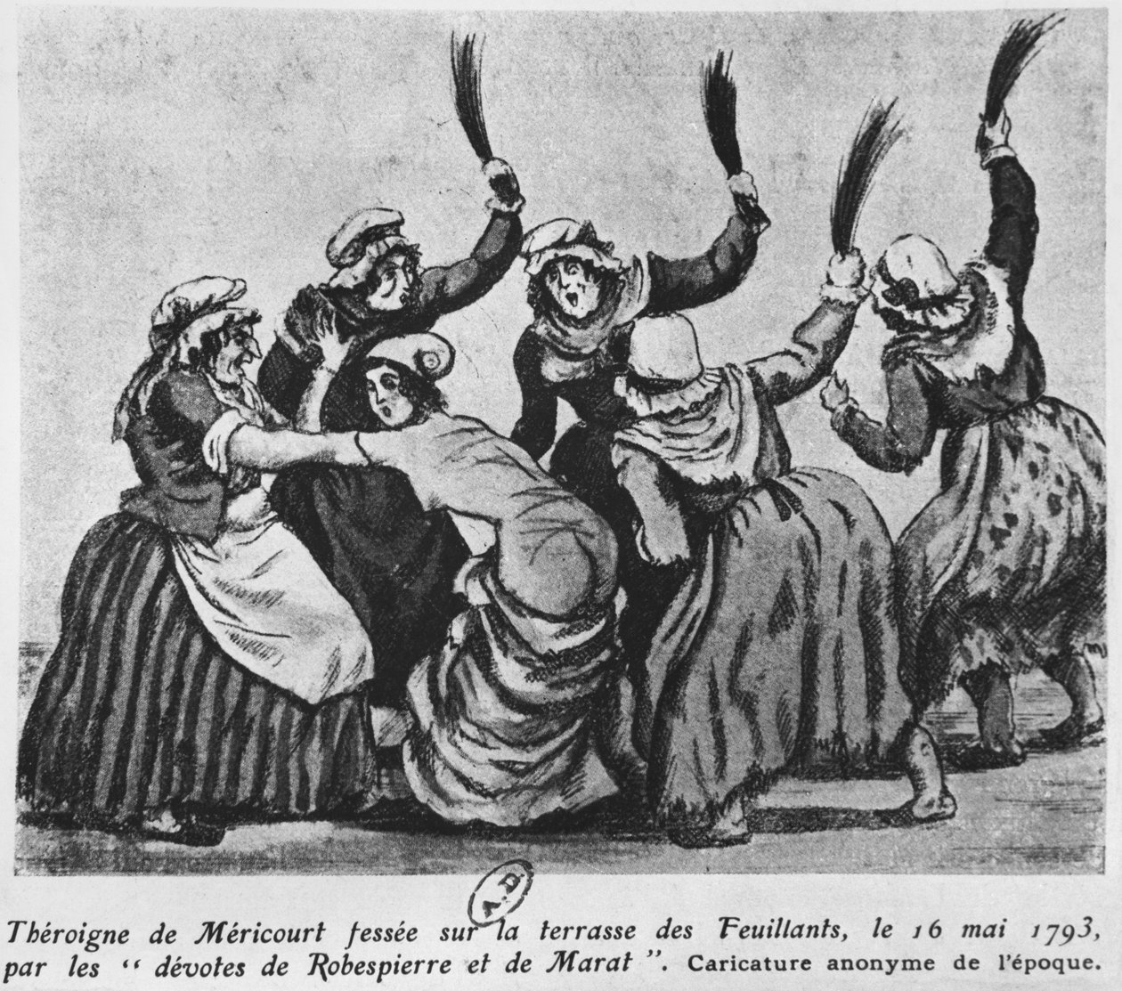 Theroigne de Mericourt pisket af en gruppe parisiske jakobinske kvinder, 16. maj 1793 (wc på papir) af French School