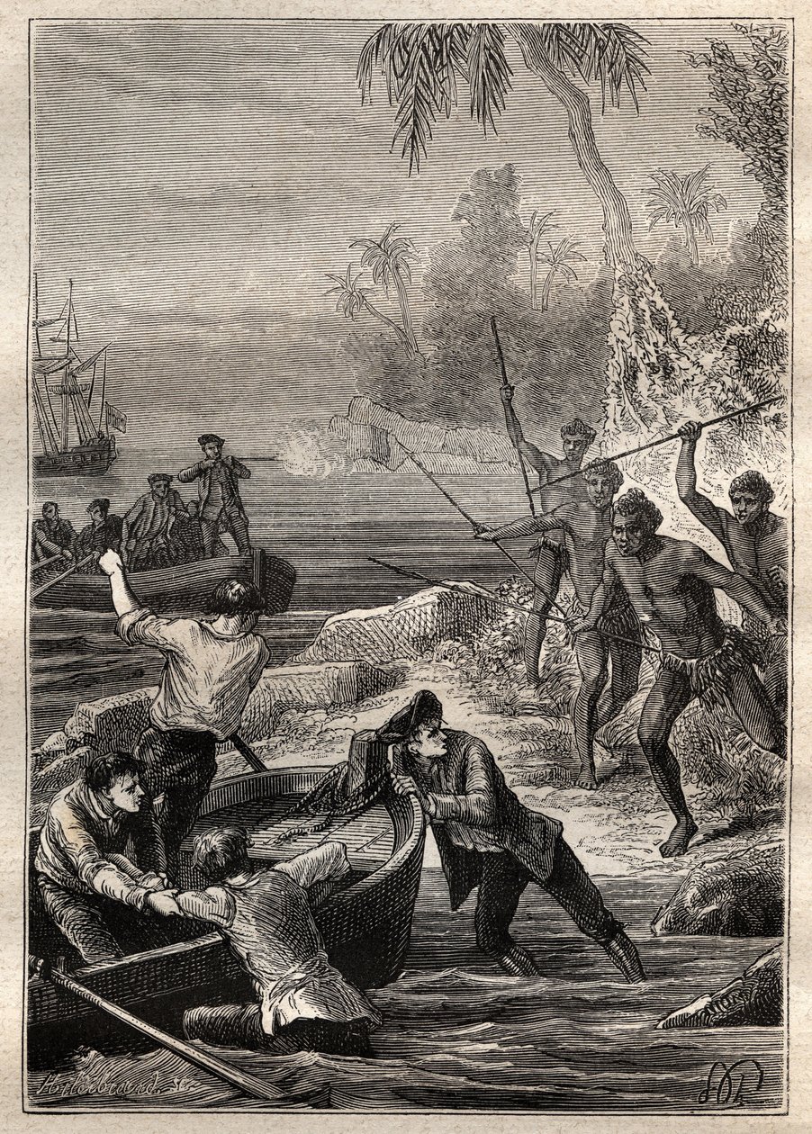 Disse blev leveret så tæt på...: Kaptajn James Cooks rejse (1728-1779) til New Zealand i 1769 - New Zealands naturfolk angriber Cooks besætning, da de nærmer sig kysten - illustration taget fra "The Great Mariners of the 18th century ” af French School
