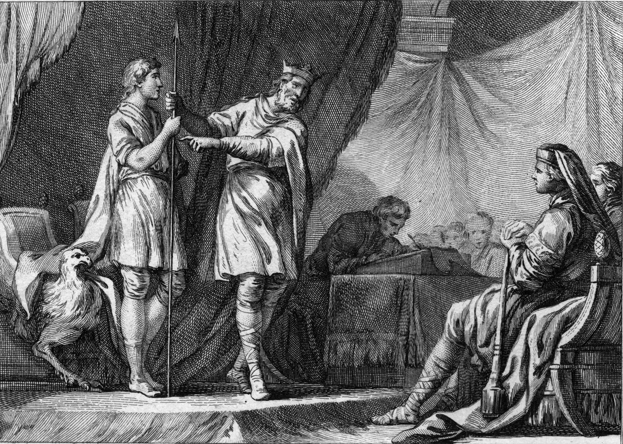 Thibaut I (Theodebald, ca. 535-555), konge af Austrasien, afviste tilbuddet fra den byzantinske kejser Justinians ambassadører om at opgive østgoternes forsvar og slutte sig til imperiet. Stik af det 18. århundrede. af French School