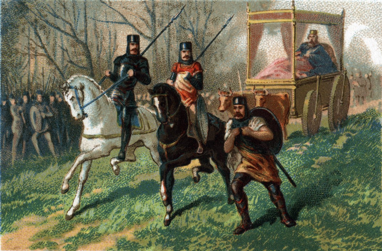Thierry III siger, at Faineant-kongen af 673a 691 går gennem Paris i sin vogn skudt af okser. Kromolitografi omkring 1890. af French School