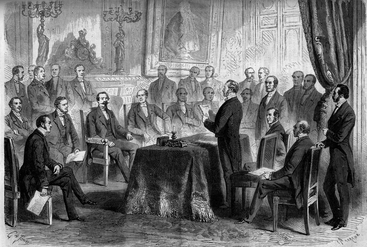 Tredje republik: møde i statsrådet i Tuilerierne i nærværelse af Napoleon III (1808-1873) og baron Eugene Georges Haussmann, præfekt i Paris (1809-1891). Indgravering i "" Le Monde Illustré"" nr. 291 af 8. november 1862. af French School