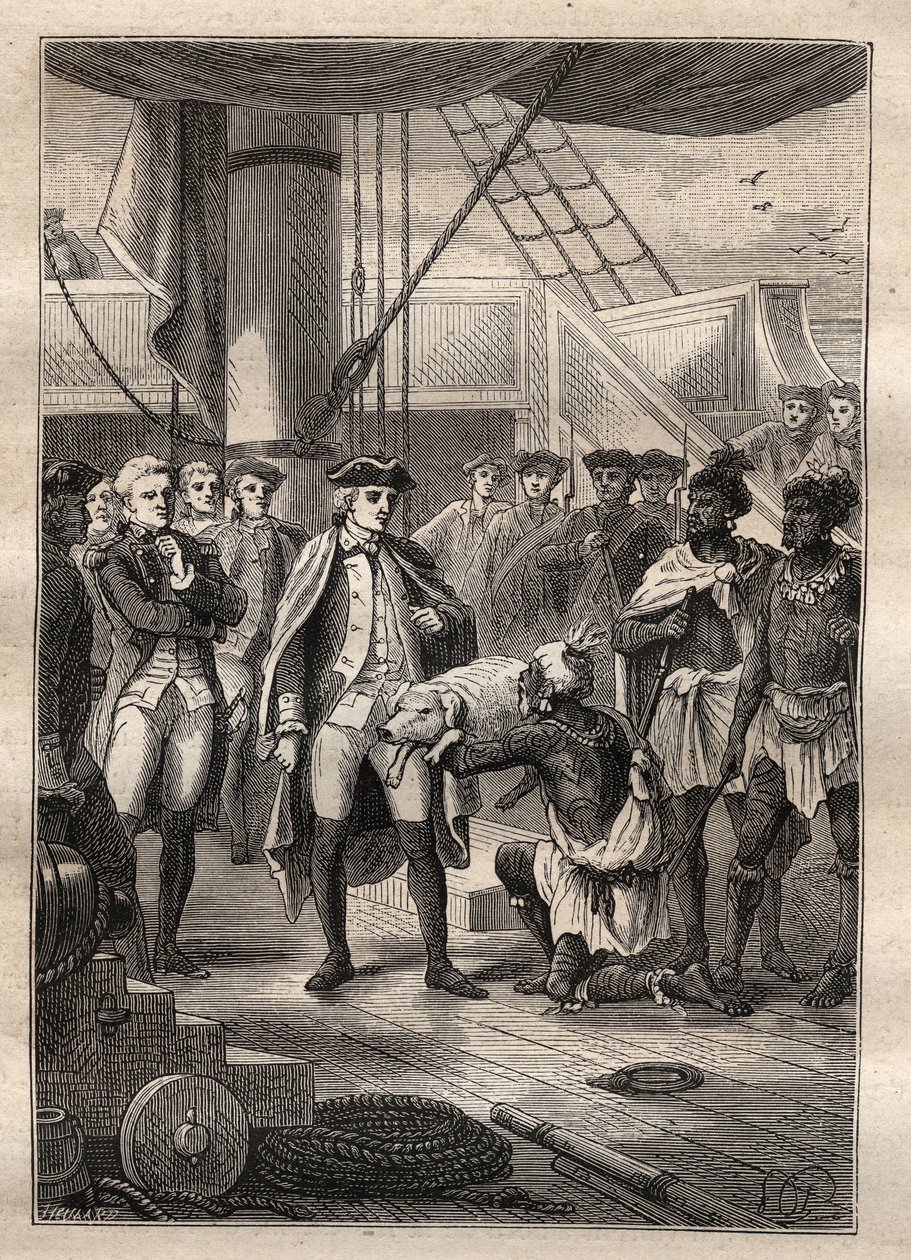 James Cooks tredje rejse - De gav ham en lille gris - jeg præsenterede ham en lille gris - James Cooks tredje rejse i Stillehavet - illustration taget fra "The Great Mariners of the 18th century" af Jules Verne af French School