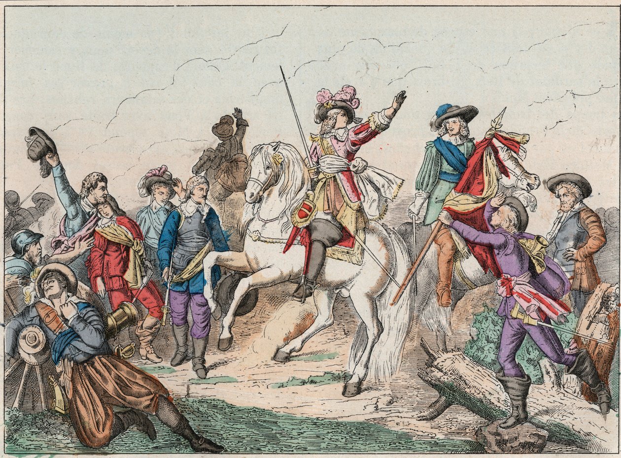 Trediveårskrig (1618-1648): Prins Louis II af Bourbon Conde (Bourbon-Conde), kendt som Grand Conde (1621-1686), hertugen af Enghien, hilser liget af greven af Fontaine i slaget ved Rocroi (Rocroy) mod spanierne, 19. maj af French School