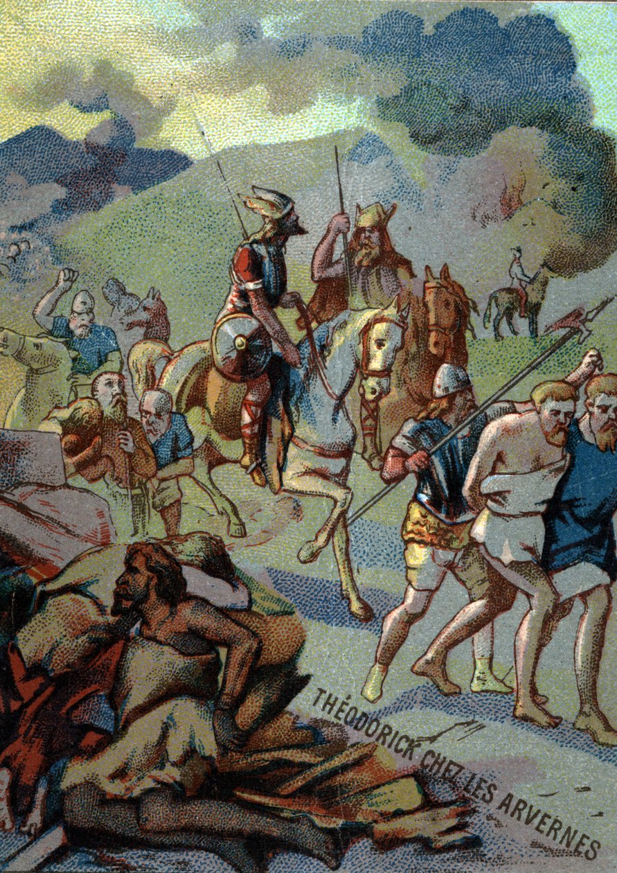 Théoderick, ældste søn af Clovis, i Arveres (Auvergne) (532-533). Kromolitografi af serien “” patriotisk uddannelse gennem image ””. af French School