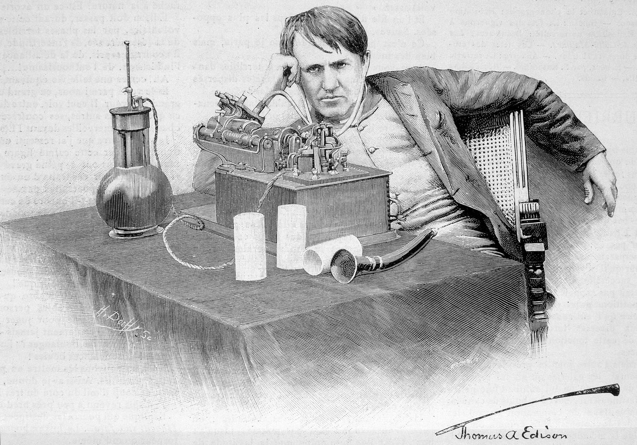 Thomas Edison og hans fonograf - i "" Le Monde Illustré"" af 17/08/1884 af French School