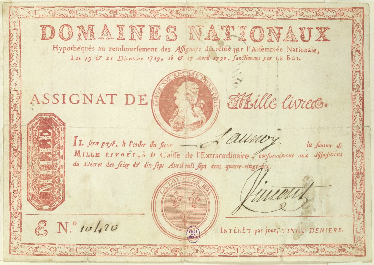Tusind livre seddel med et billede af Ludvig XVI (1754-93) 1790 af French School