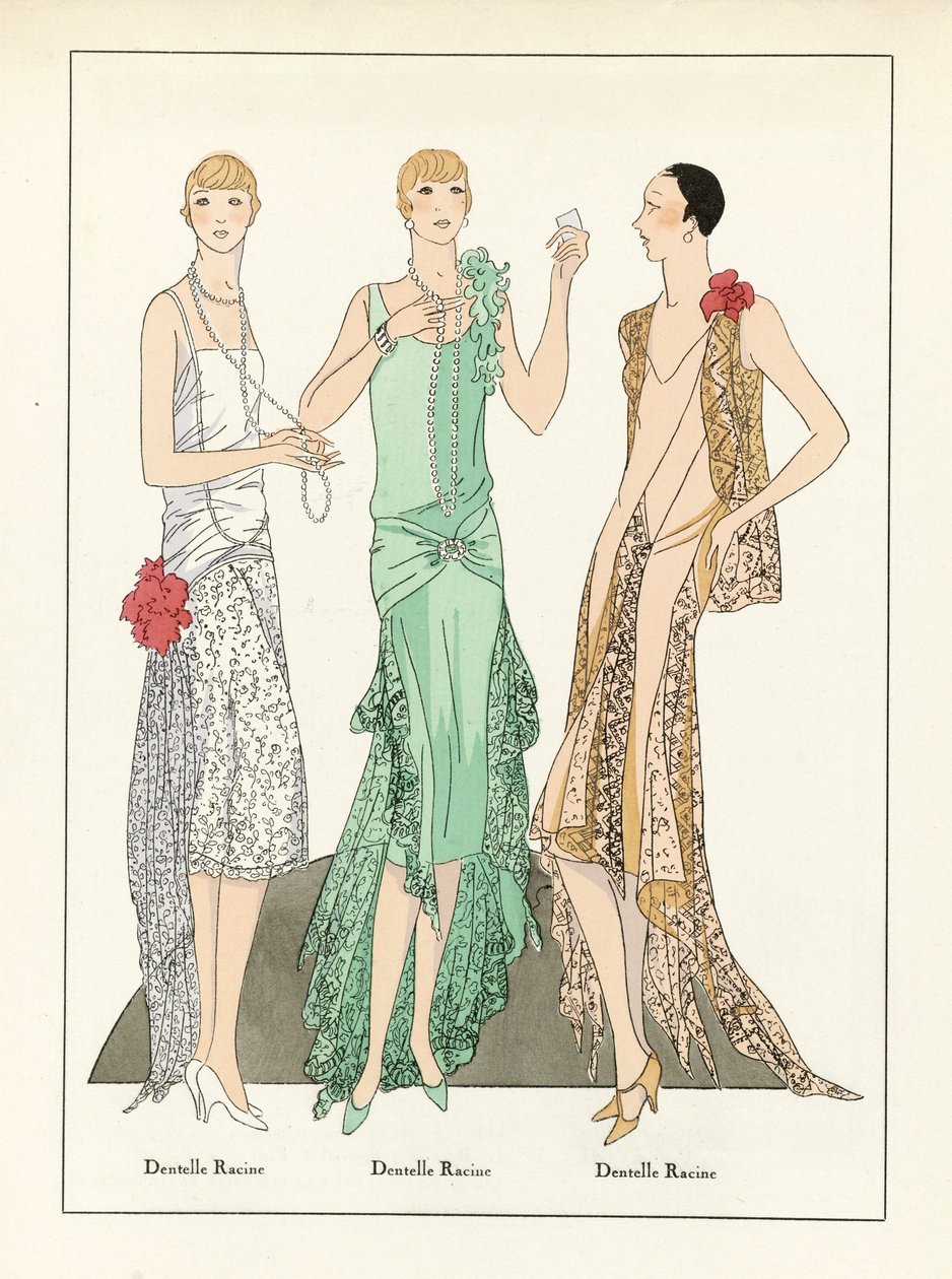 Three Designs for Lace Dresses, pub.c1923 (pochoir print) af French School