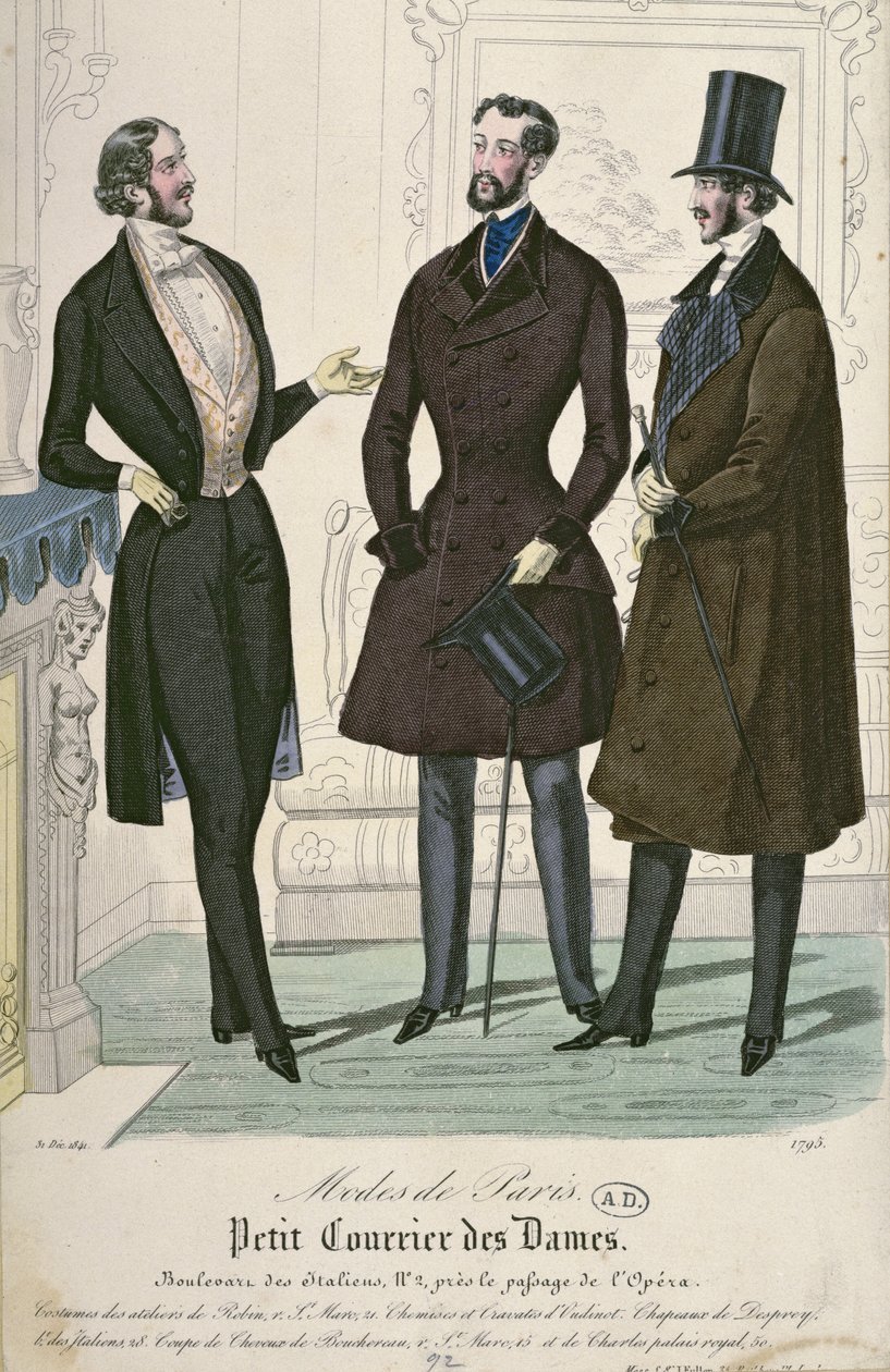 Three Elegant Young Men, 1841 (farvegravering) af French School
