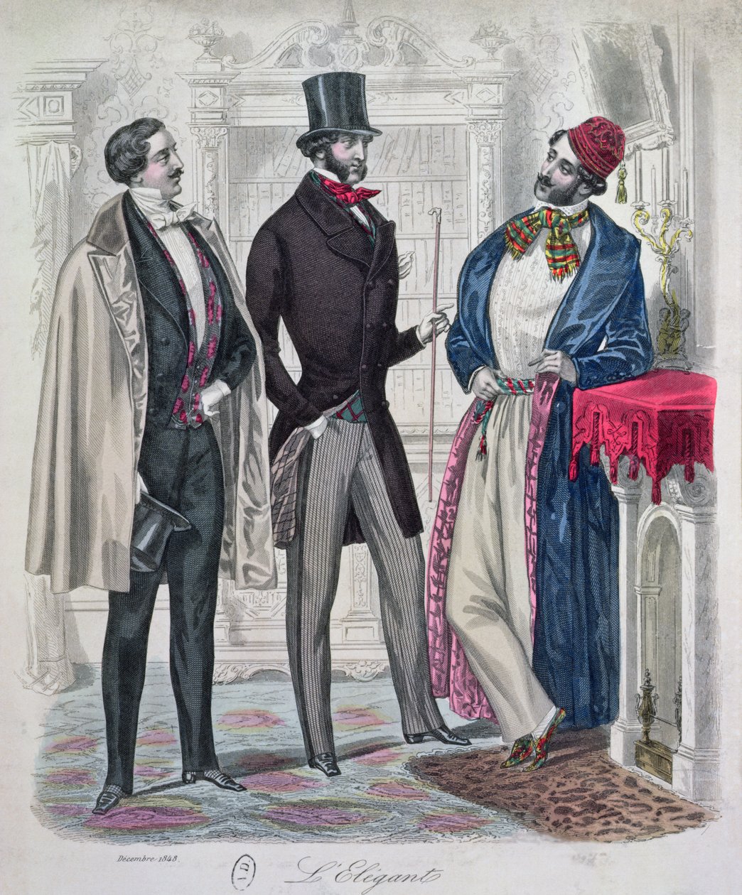 Three Elegant Young Men, december 1848 (farvegravering) af French School