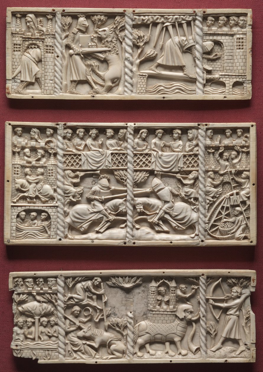 Tre paneler fra en kiste med scener fra høviske romancer, ca. 1330-1350 af French School