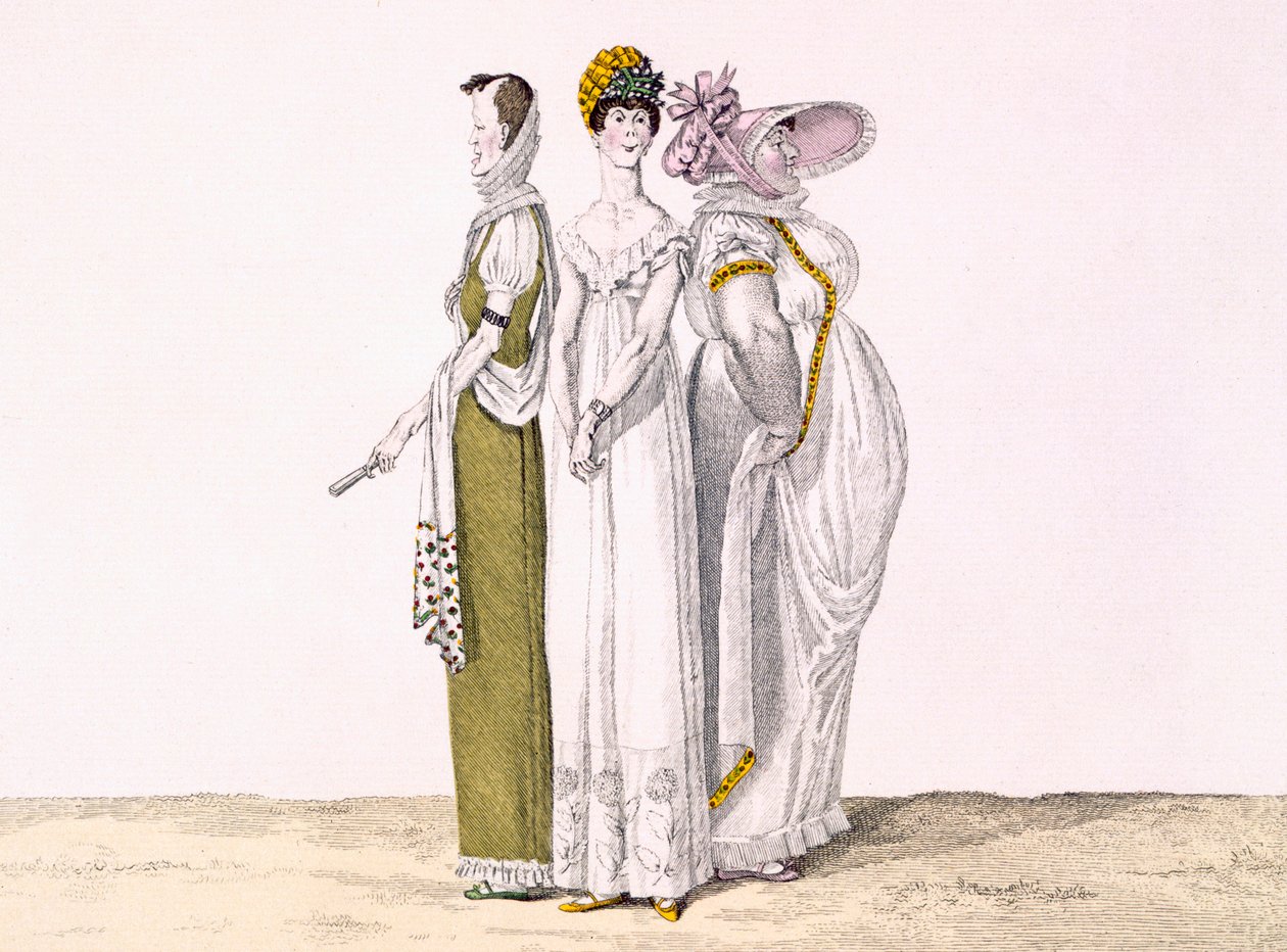 Three Parisian Graces, plade 16 fra le Bon Genre, ca. 1810 (farvegravering) af French School